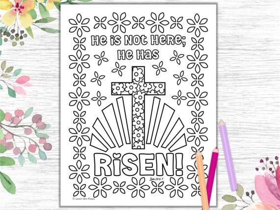 He is risen coloring page with cross christian easter printable religious easter easter activity kids adults pdf digital download