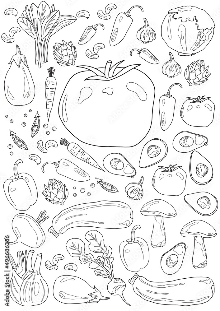 Food coloring pages line art printable design fruits and vegetables healthy life illustration