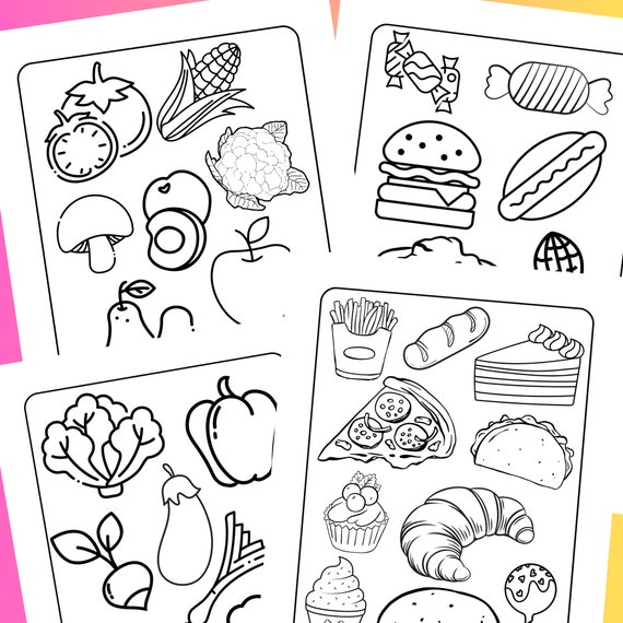 Pack food colouring in pages x a colouring sheets instant download kids adults printable digital