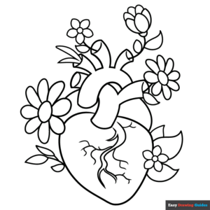 Anatomical heart with flowers coloring page easy drawing guides