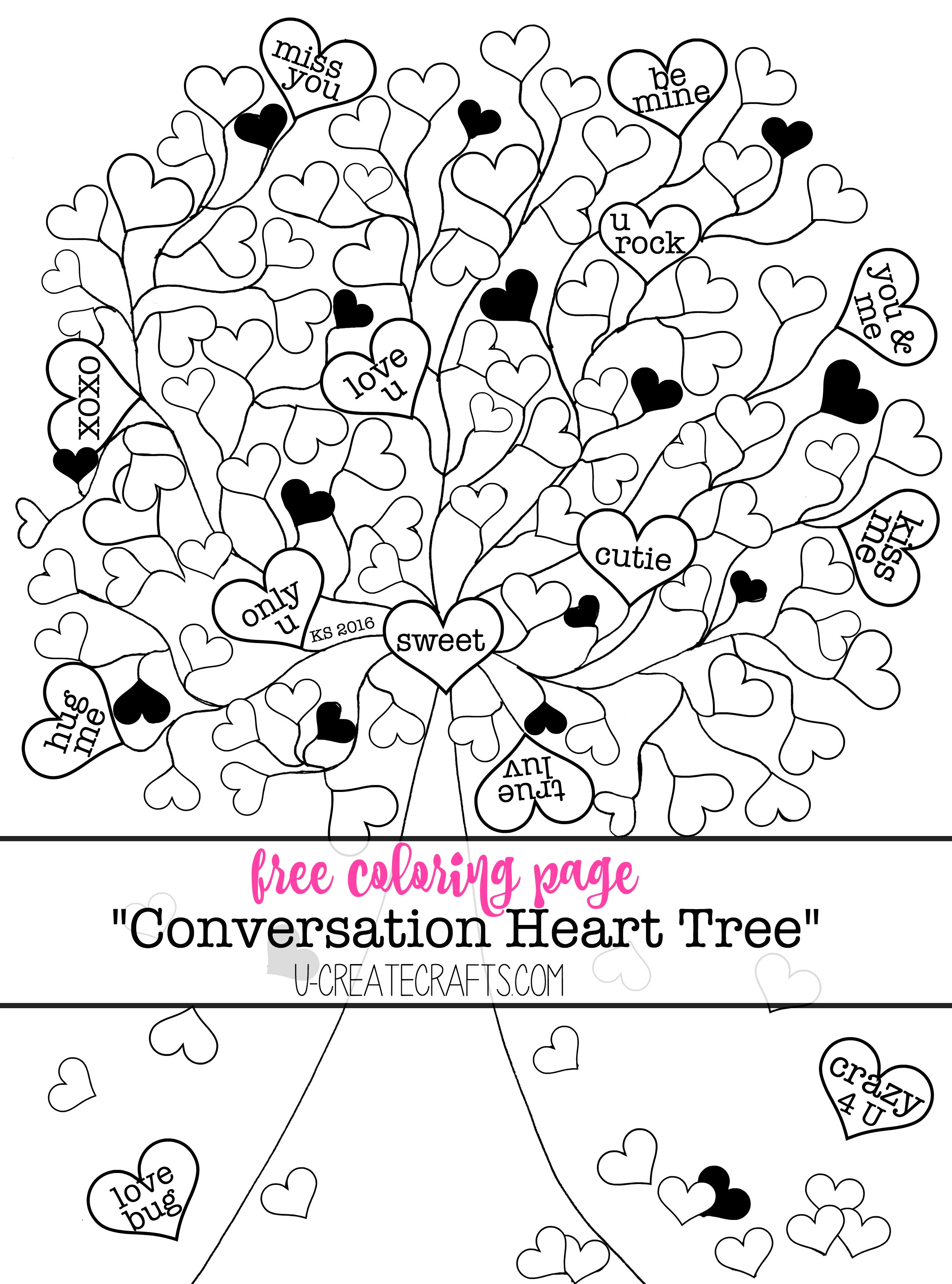 Valentine conversation heart tree coloring pages