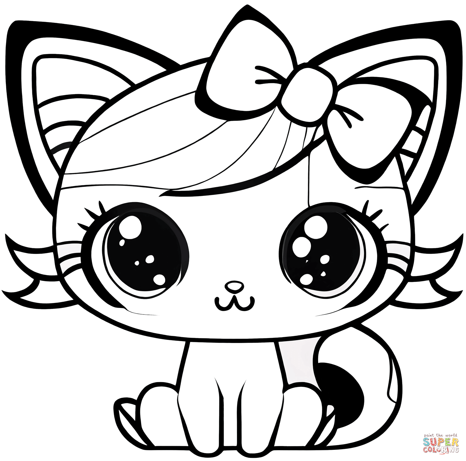 Adorable kitty cat with a bow coloring page free printable coloring pages