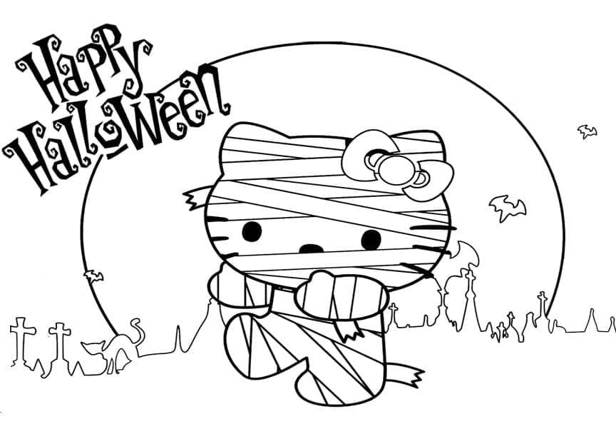 Mummy hello kitty on halloween coloring page