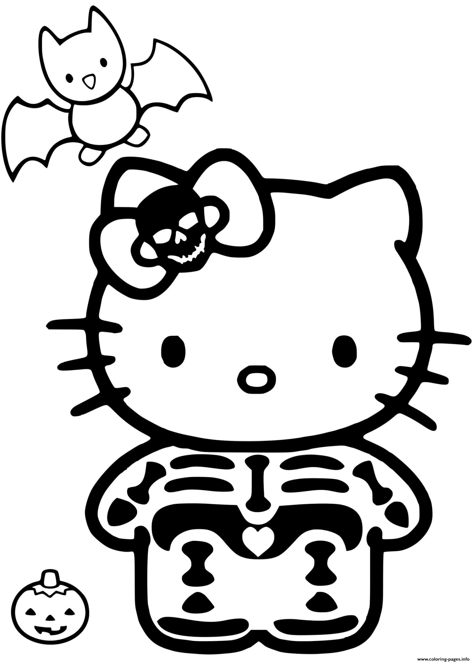 Hello kitty halloween skeleton coloring page printable