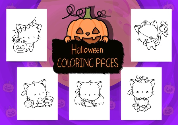 Premium vector cute halloween coloring pages pack collection of cute outline halloween kitten clipart