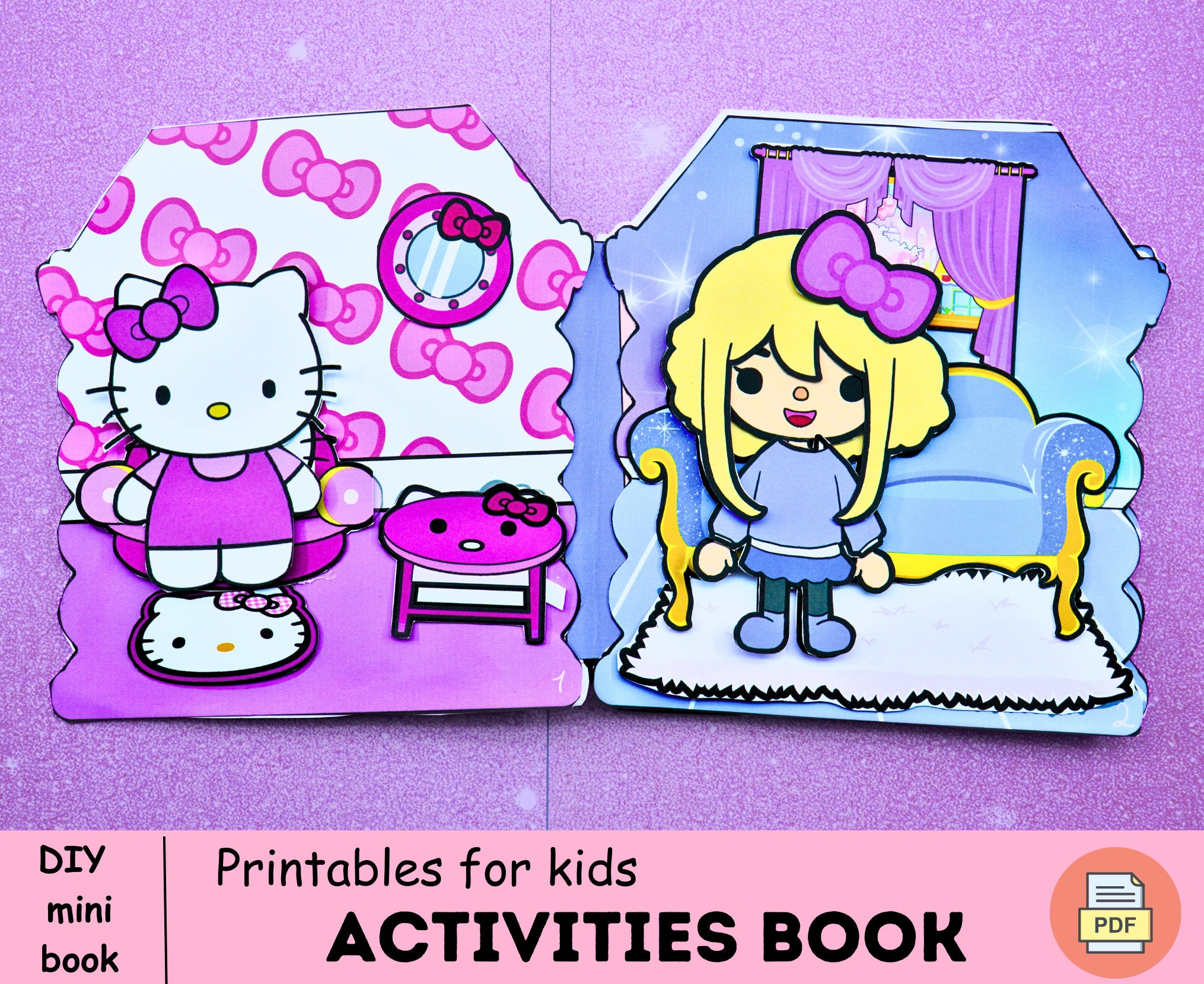 Pretty toca boca x kitty paper dollhouse pink and blue handmade activity book toodler busy bookl toca boca printable diy crafts