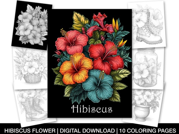 Flower coloring page for adults printable hibiscus flower coloring sheets grayscale floral coloring page instant download coloring page