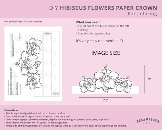 Hibiscus coloring page jpg download hibiscus flowers paper crown printable hawaiian theme party favor