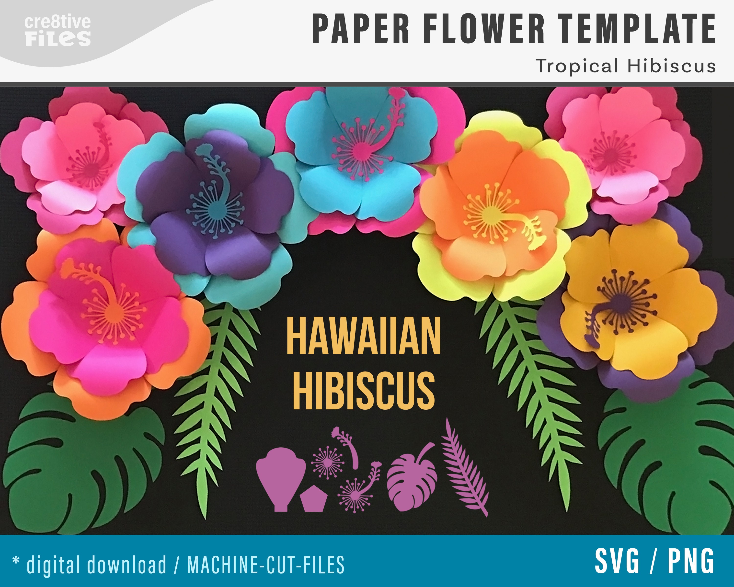 Svg paper flower hibiscus template tropical set hawaiian flower centers tropical leaves base diy tropical flowers cricut luau decor