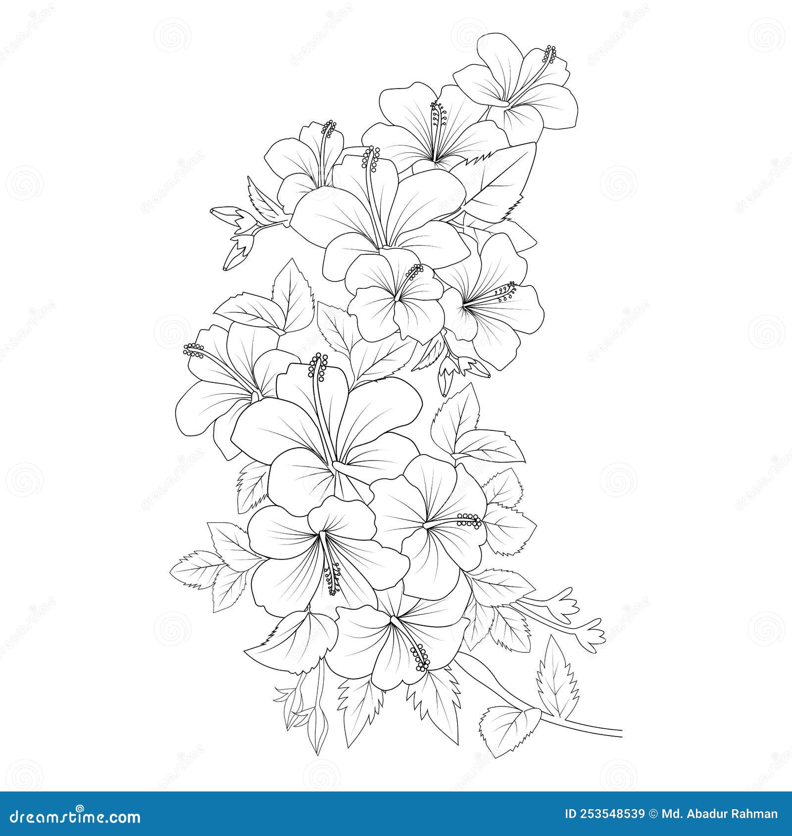 Yellow hibiscus flower coloring page line drawing with print template for kid and adult stock vector