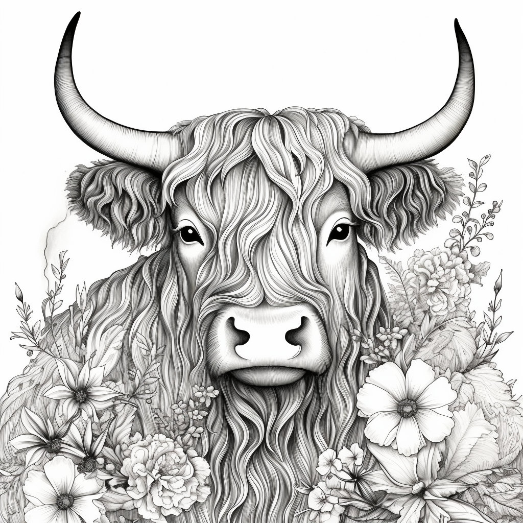 Floral highland cow print adult coloring page digital downloads