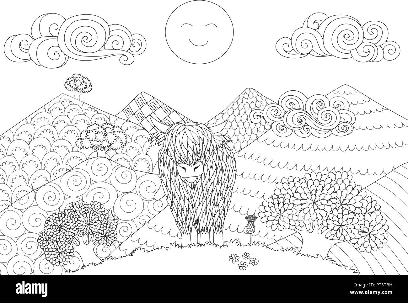 Cute highland cow walking on the hill for design element and coloring book page for adult vector illustration stock vector image art