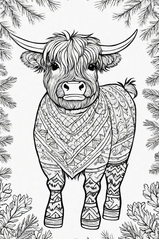 Sketch of highland cow full body in black and white