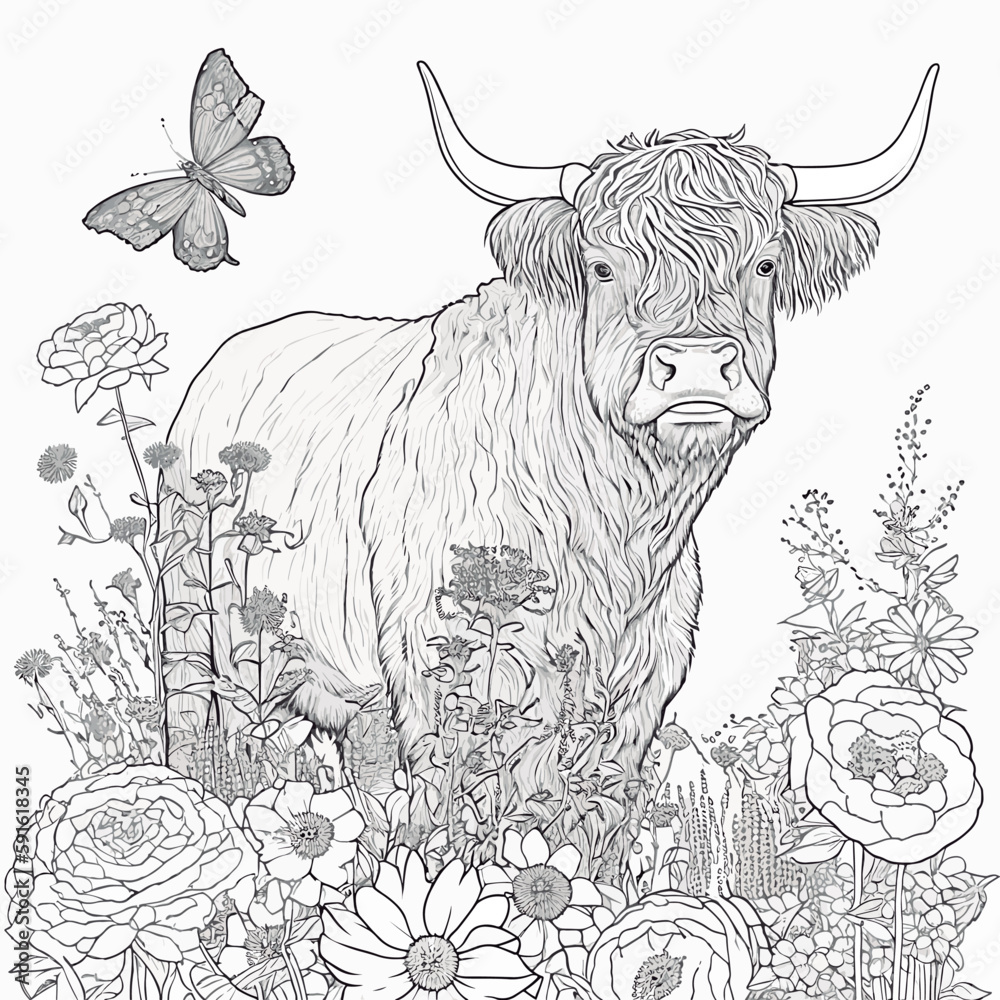 Scottish highland cow beautiful highland cow with flowers around in a flower garden coloring page vector