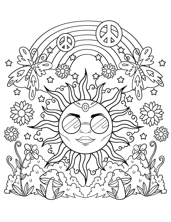 Hippie printable coloring pages sun rainbow digital download trippy coloring book