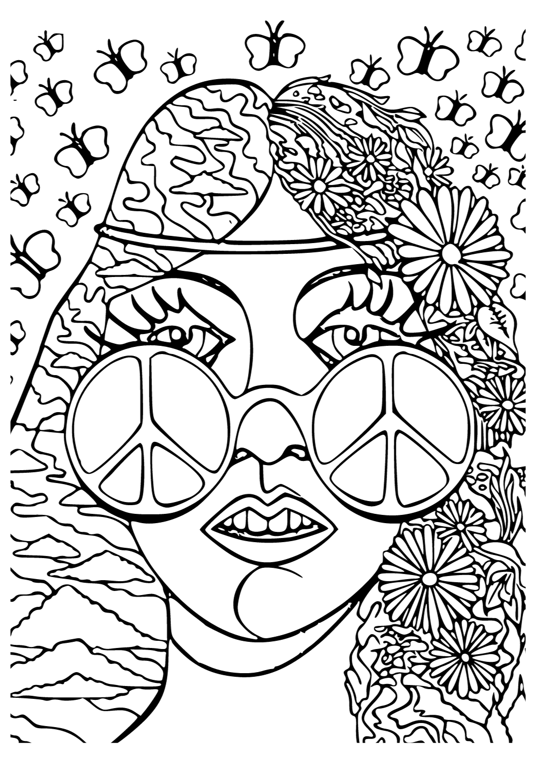 Free printable hippie butterflies coloring page for adults and kids