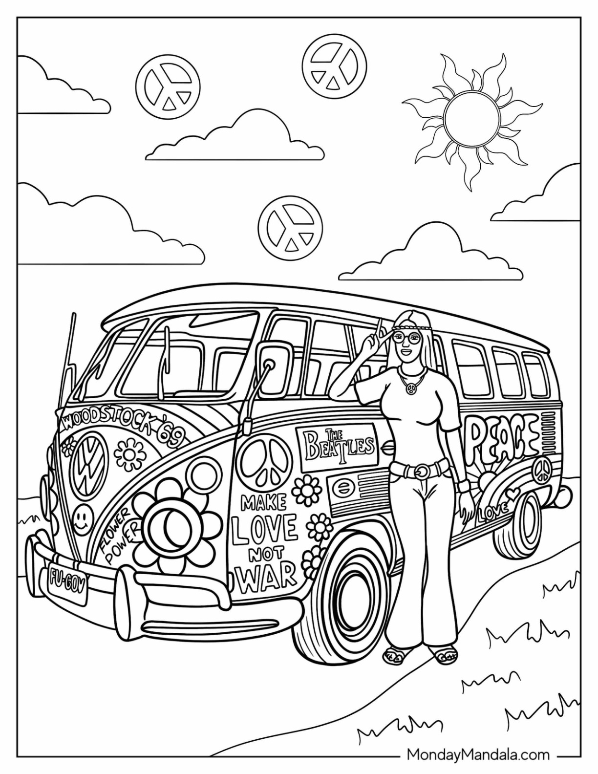 Hippie coloring pages free pdf printables