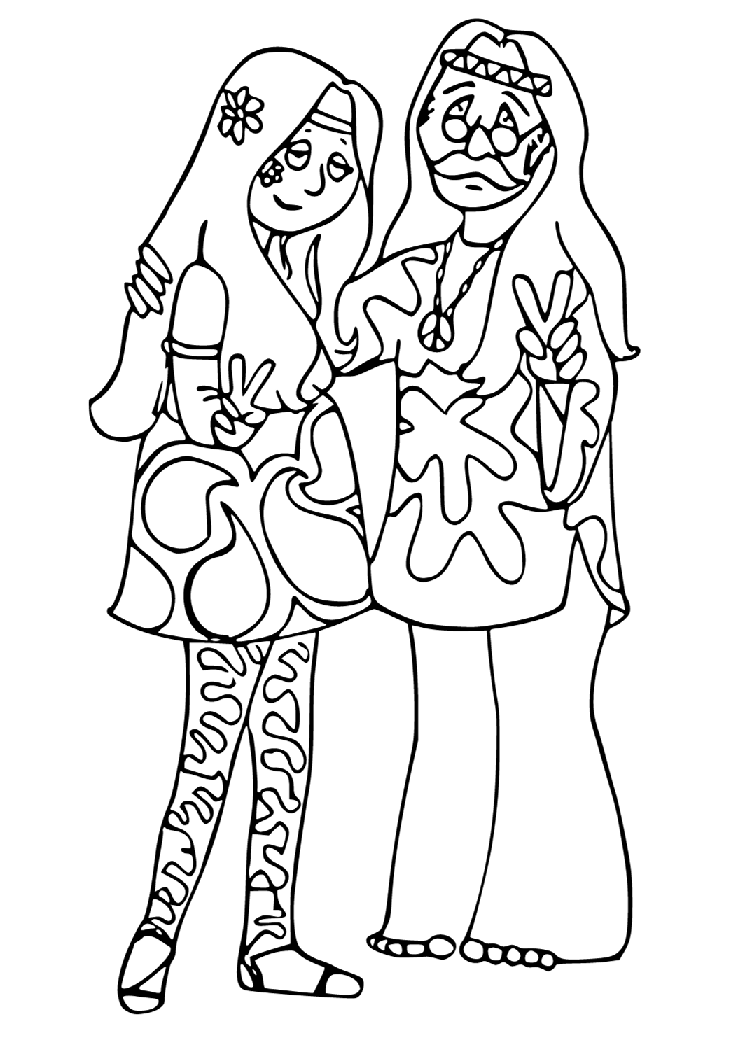 Free printable hippie pair coloring page for adults and kids