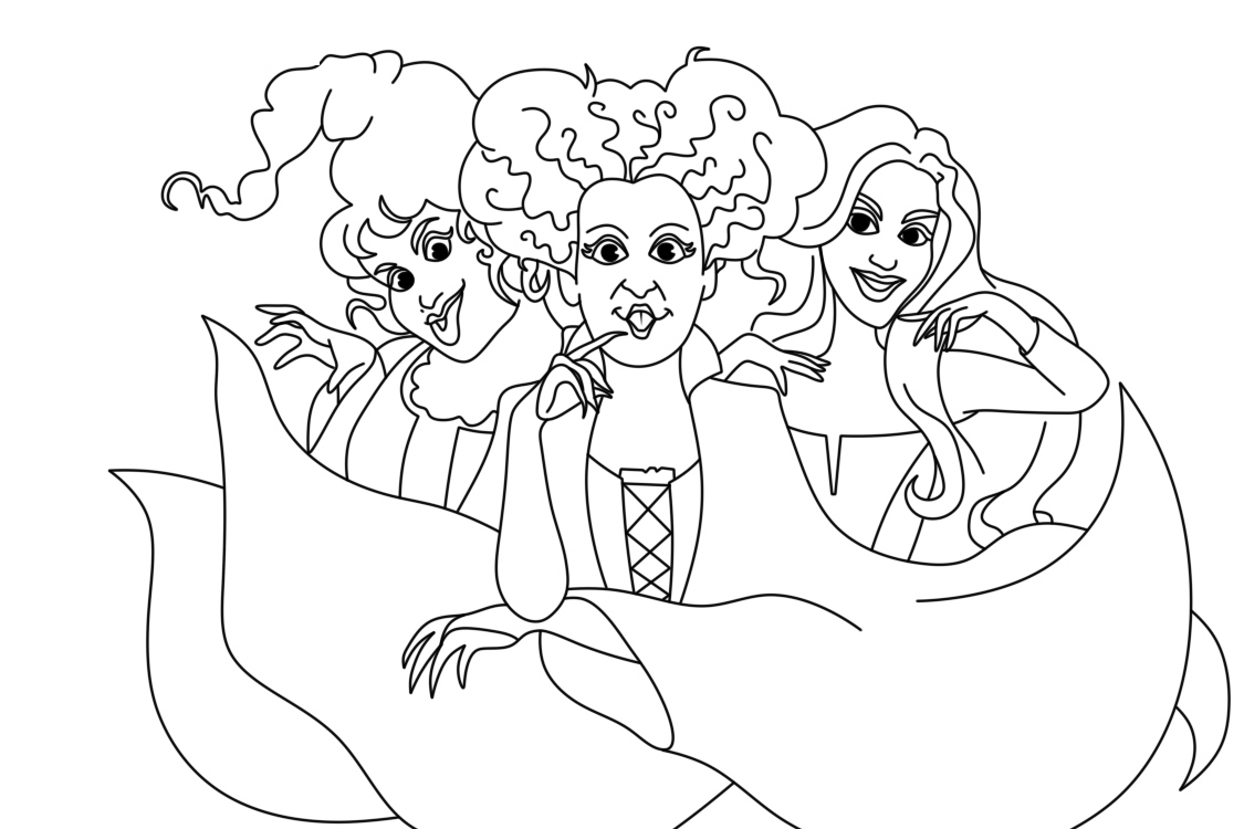 Hocus pocus cartoon characters coloring page printable