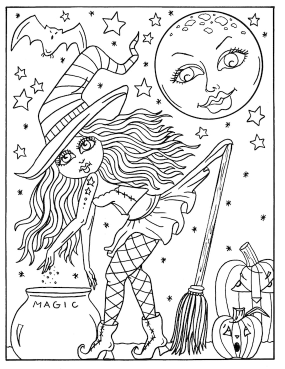 Hocus pocus witches printable coloring pages for adults halloween fun halloween witch whimsical coloring book halloween coloring book