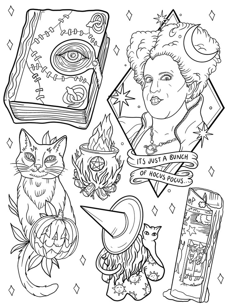 Hocus pocus cat kingston tattoo coloring book art disney coloring pages cartoon coloring pages