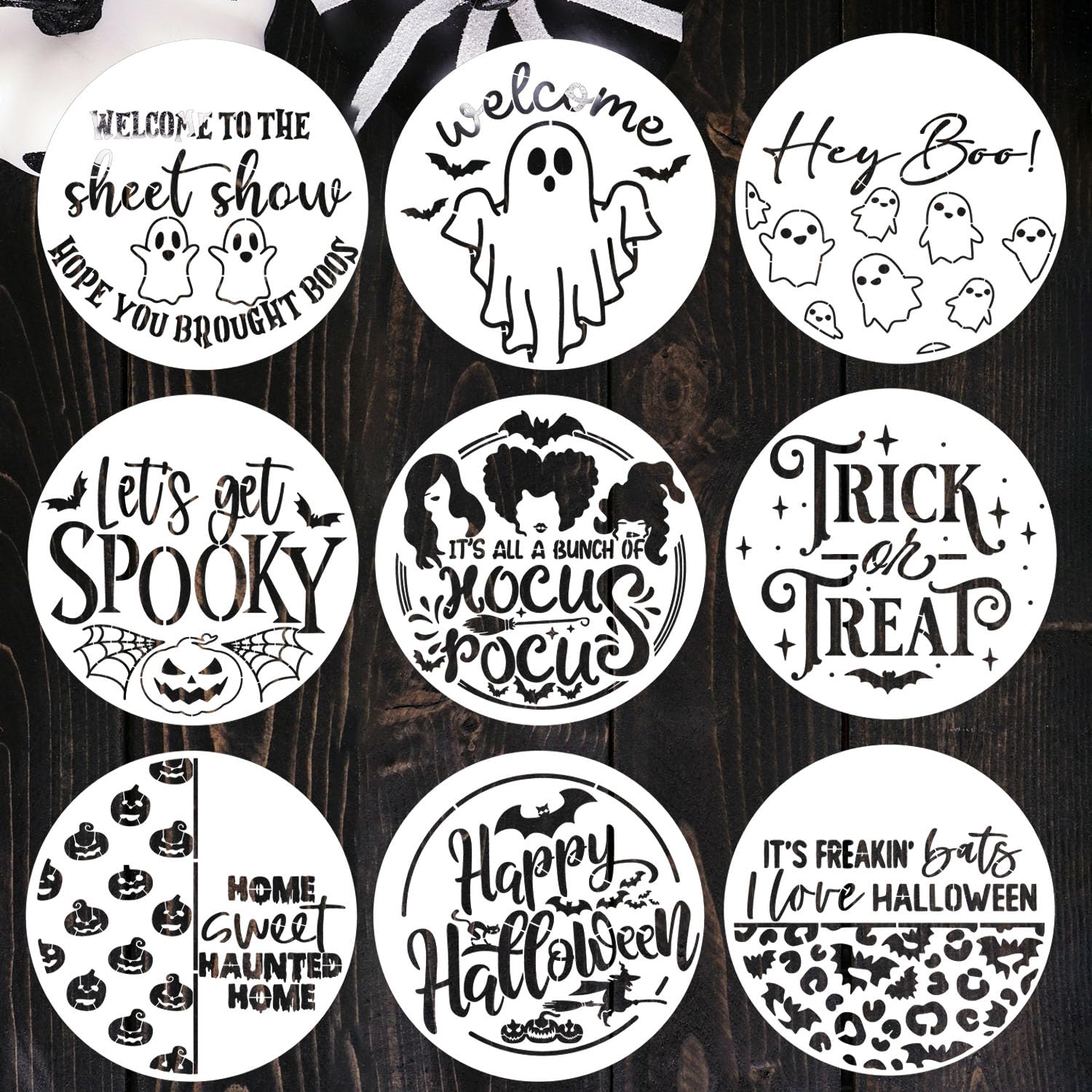 Halloween stencils for painting on wood â round halloween stencil hey boo trick or treat hocus pocus templates for door hanger porch sign shirt painting arts crafts sewing