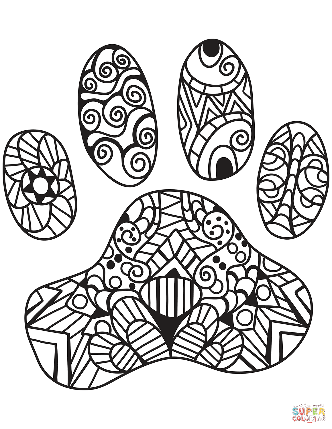 Cat paw print zentangle coloring page free printable coloring pages