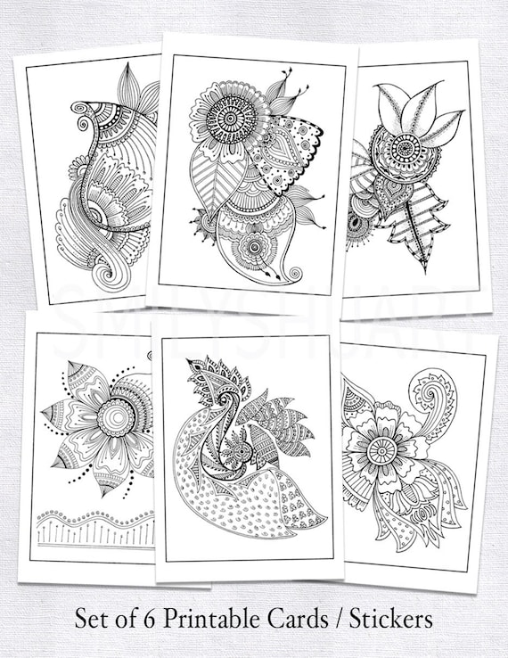 Printable coloring cards for adults set of henna coloring cards tattoo designs zentangle colouring sheets diy greeting cards diy tags