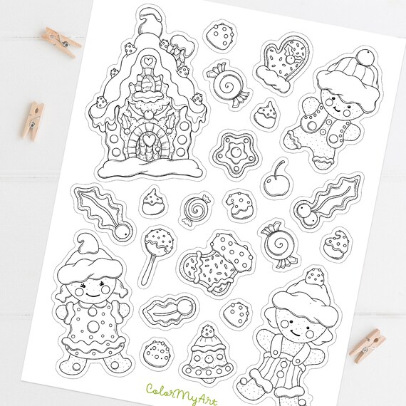 Cute christmas gingerbread coloring printable stickers sheet holiday decorative stickers planner stickers digital stickers