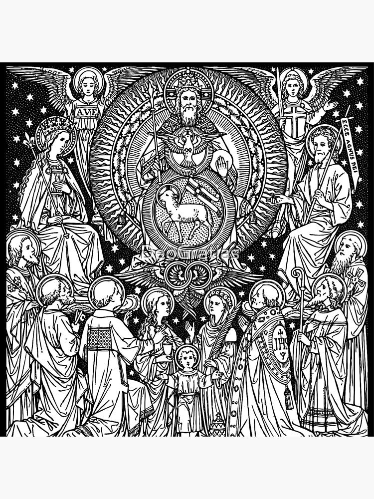 Holy trinity line art black white father son holy spirit saints angels lamb dove art board print for sale by deogratias