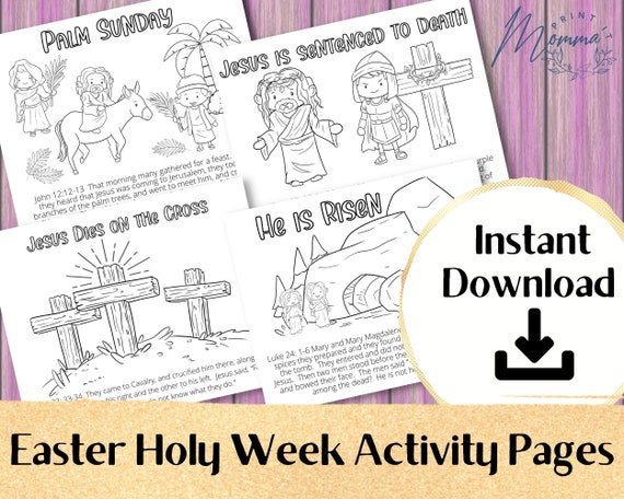 Easter story kids activity page printable holy week coloring pages digital download sunday school palm sunday and easter activity