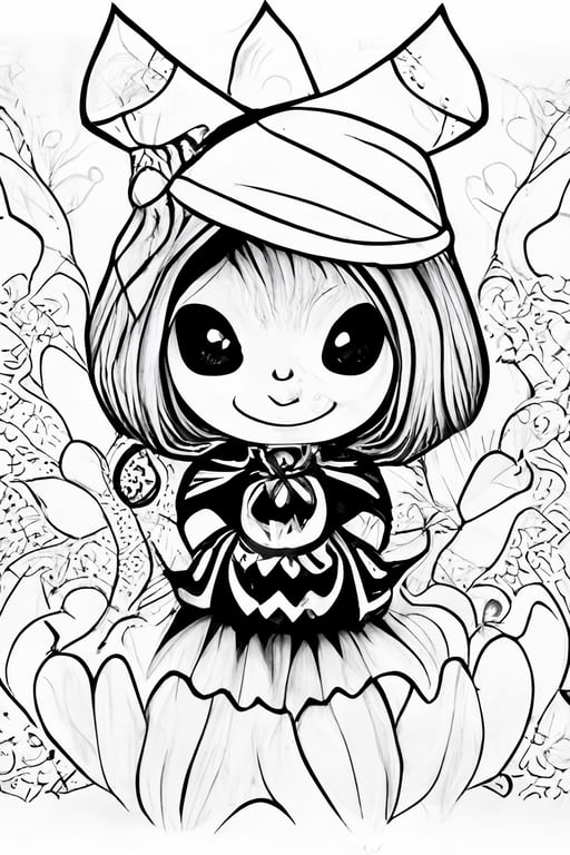 Black and white psychedelic halloween horror chibi kawaii coloring page for adultskawaii printable outlined art festive intricate details crisp lines highly detailed