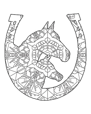 Free printable fun easy mandala two horses and horseshoe adult coloring page coloring for healing