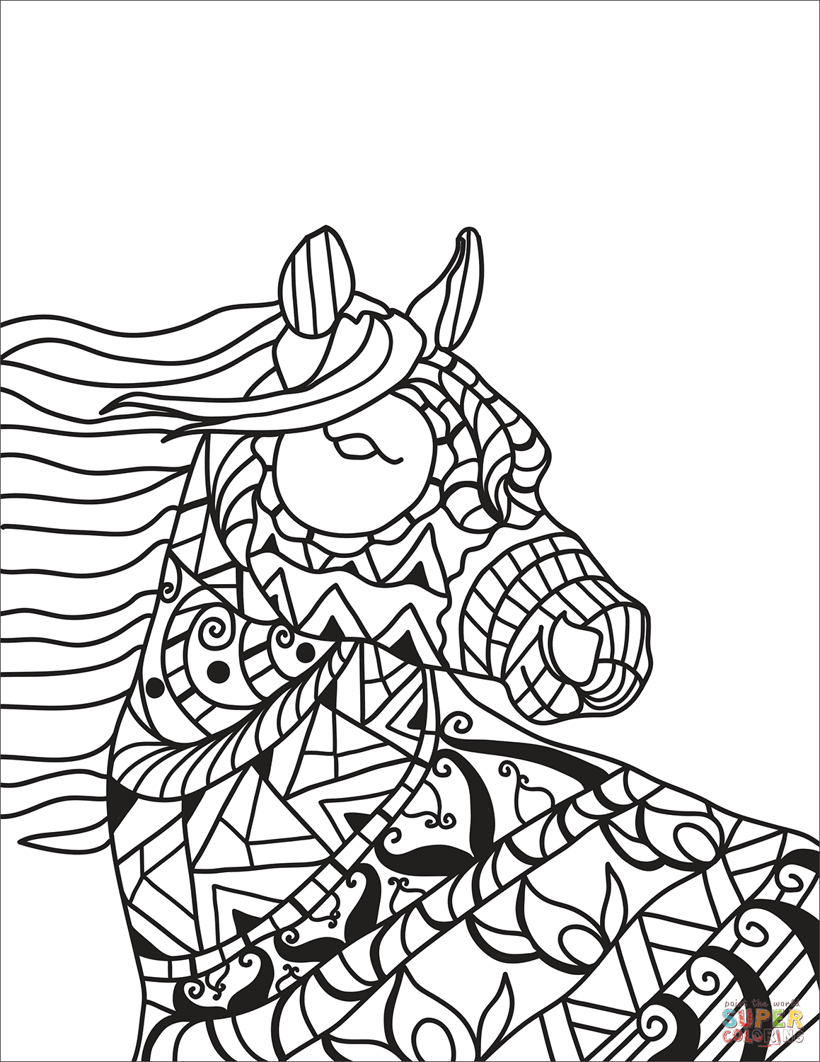 Horse head zentangle coloring page free printable coloring pages