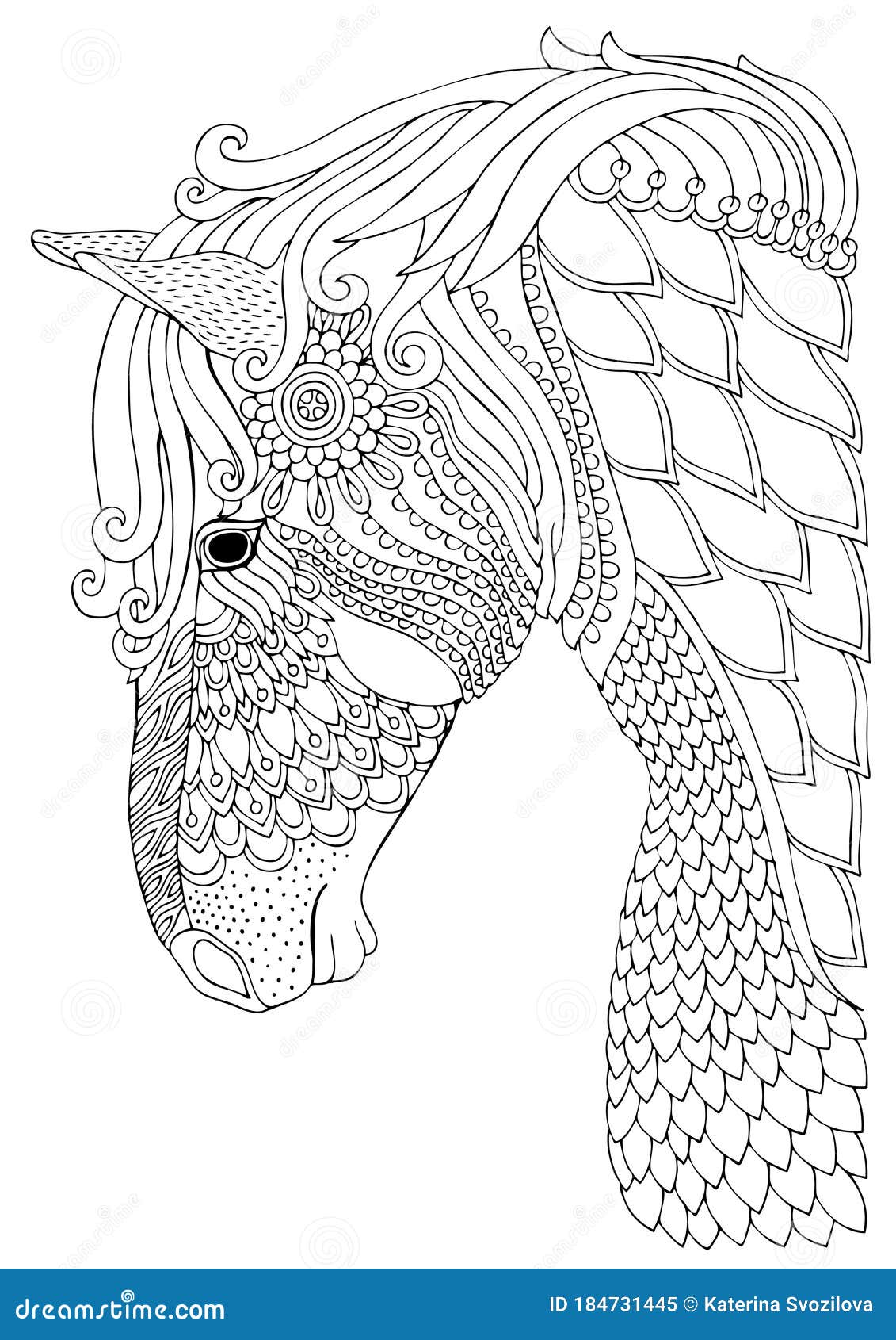 Horse head in profile adult coloring page stock vector