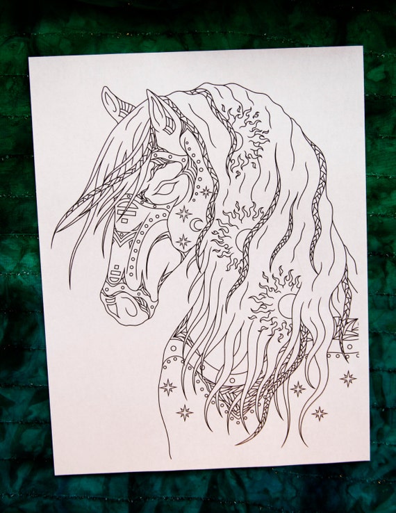 Celestial horse head adult coloring page intsant download sun stallion printable celestial fantasy horse