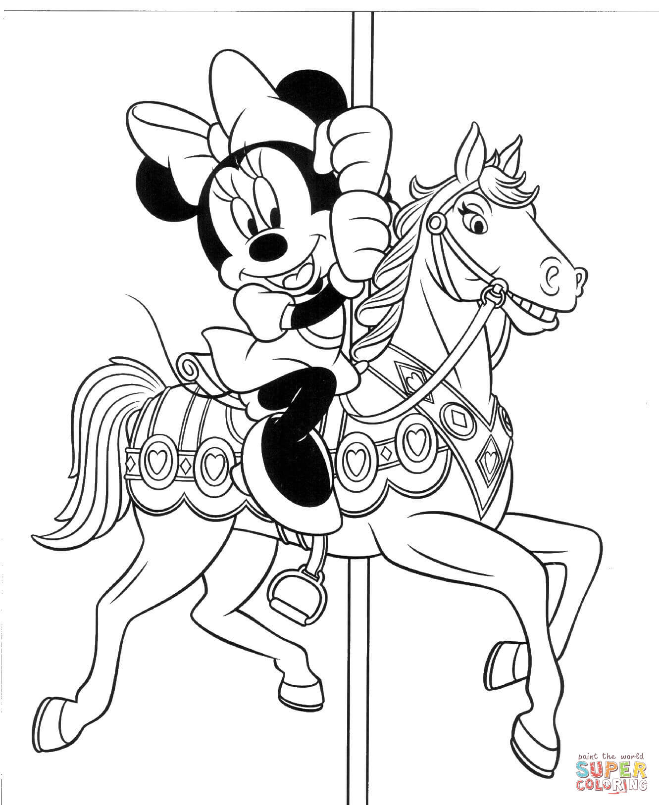 Minnie on a toy horse coloring page free printable coloring pages