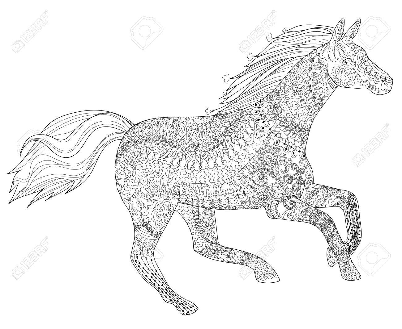 Adult coloring page for antistress art therapy running horse in zentangle style template for t