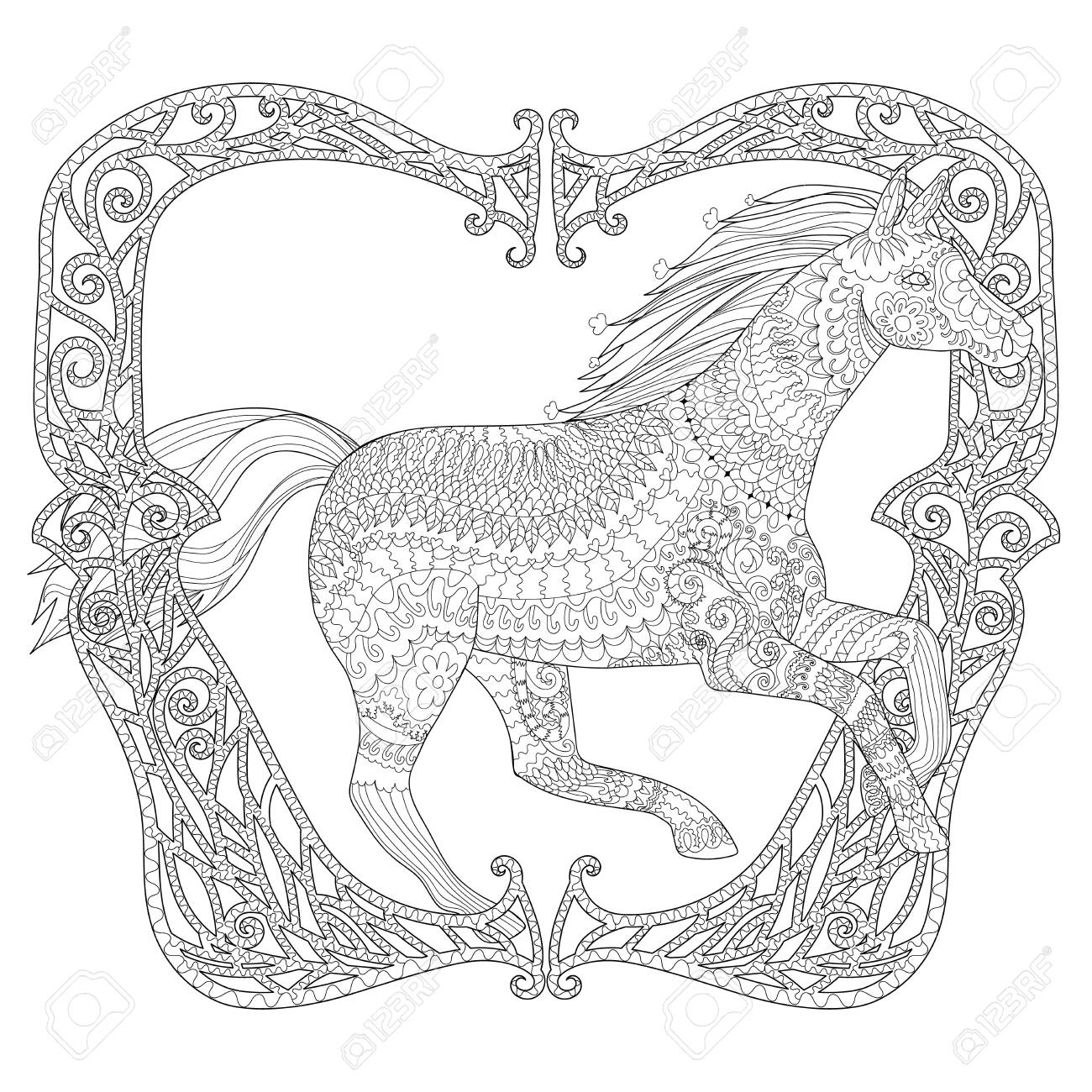 Adult coloring page for antistress art therapy running horse in zendoodle style template for t