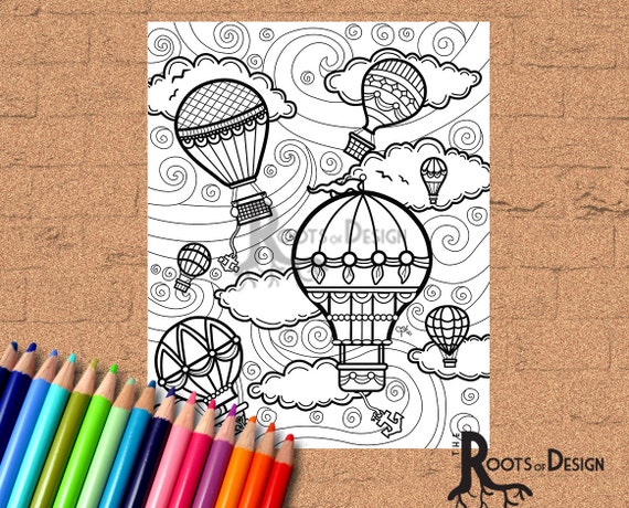 Instant download coloring page hot air balloons vintage steampunk style print zentangle inspired doodle art printable