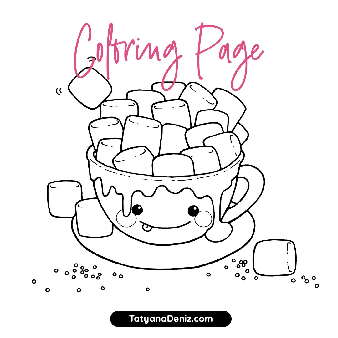 Free coloring page printable pdf with hot chocolate and marshmallows