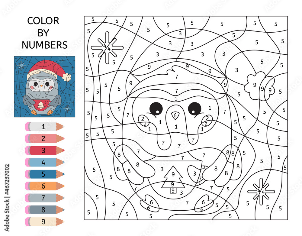 Color by numbers cute owl with hot chocolate in mug christmas coloring page educational game for preschool kids activity worksheet learn numbers kawaii forest animal vector