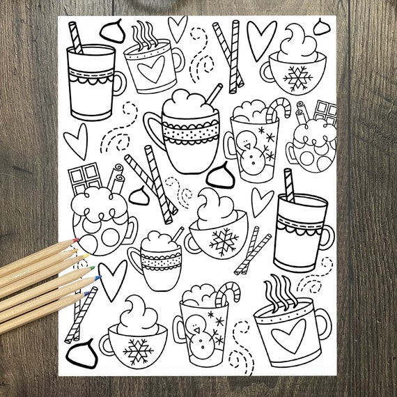 Christmas printable hot chocolate cups cocoa coloring page hot chocolate bar adult coloring printable coloring page download print