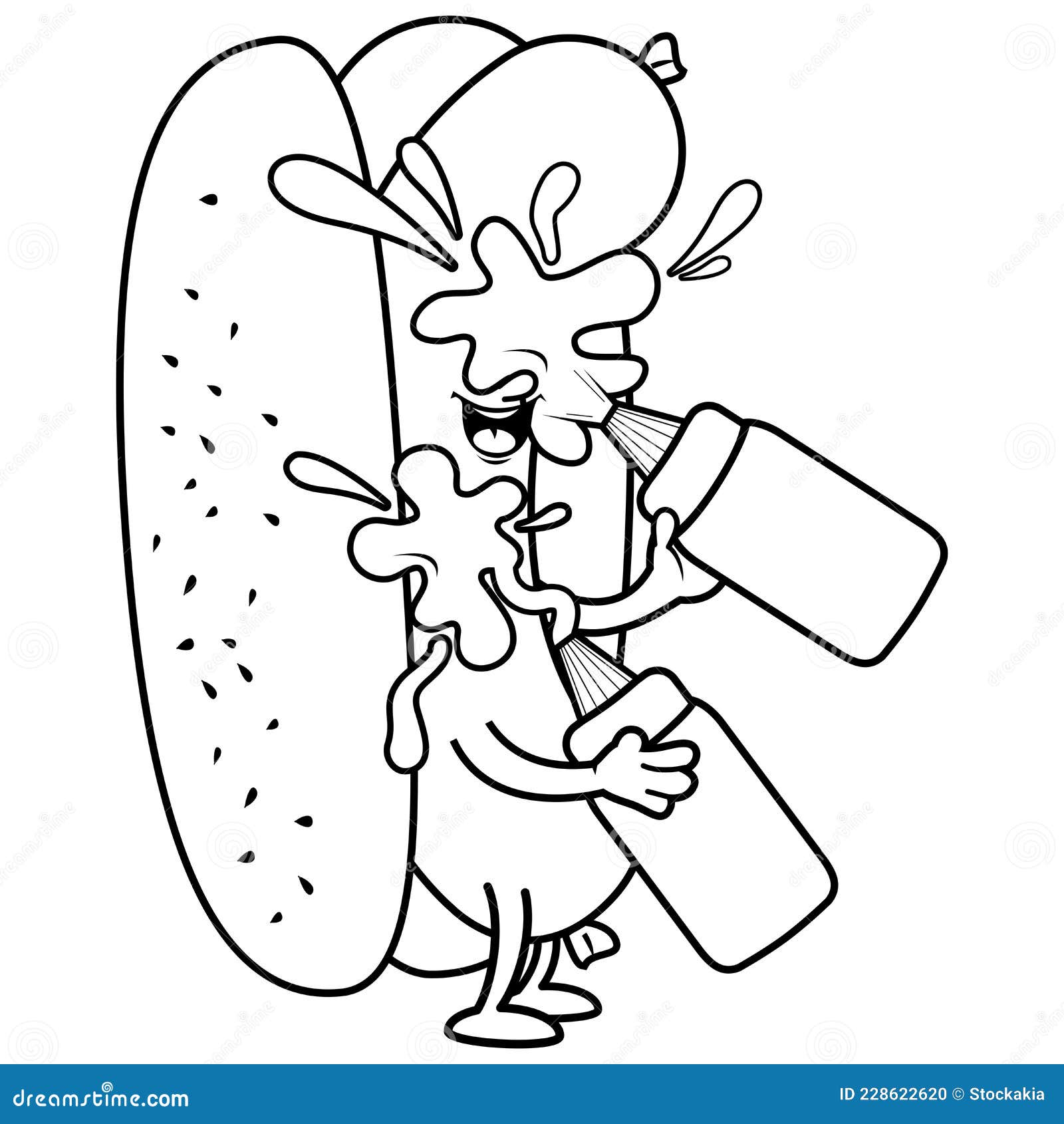 Cartoon hotdog splashing itself with mustard and ketchup vector black and white coloring page stock vector