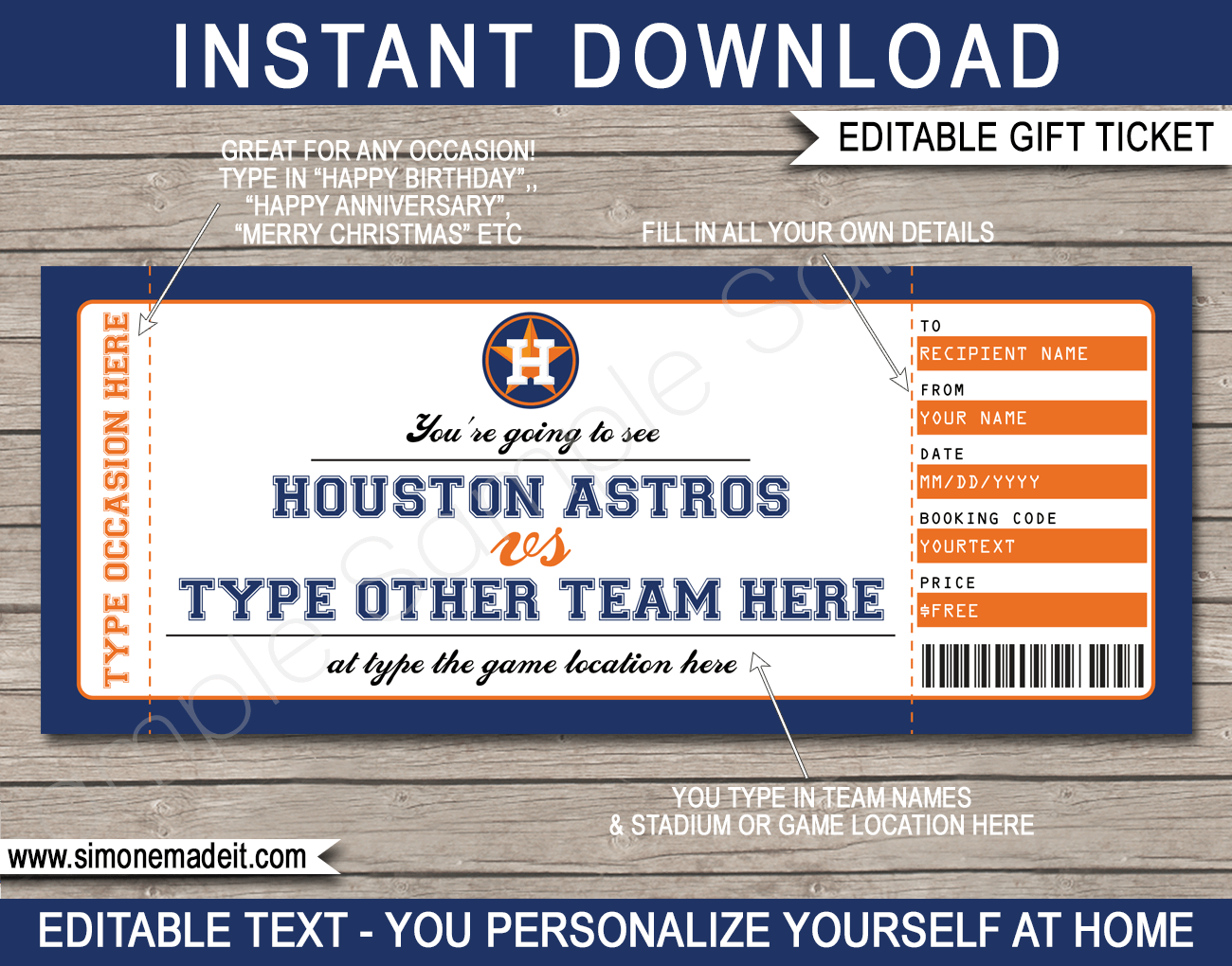 Houston astros game ticket gift voucher printable surprise baseball tickets