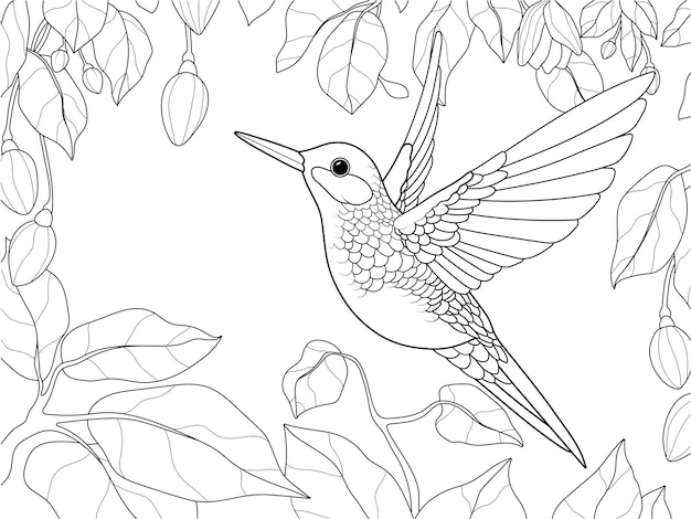 Premium vector bird hummingbird in a blooming garden vector page for printable children coloring book