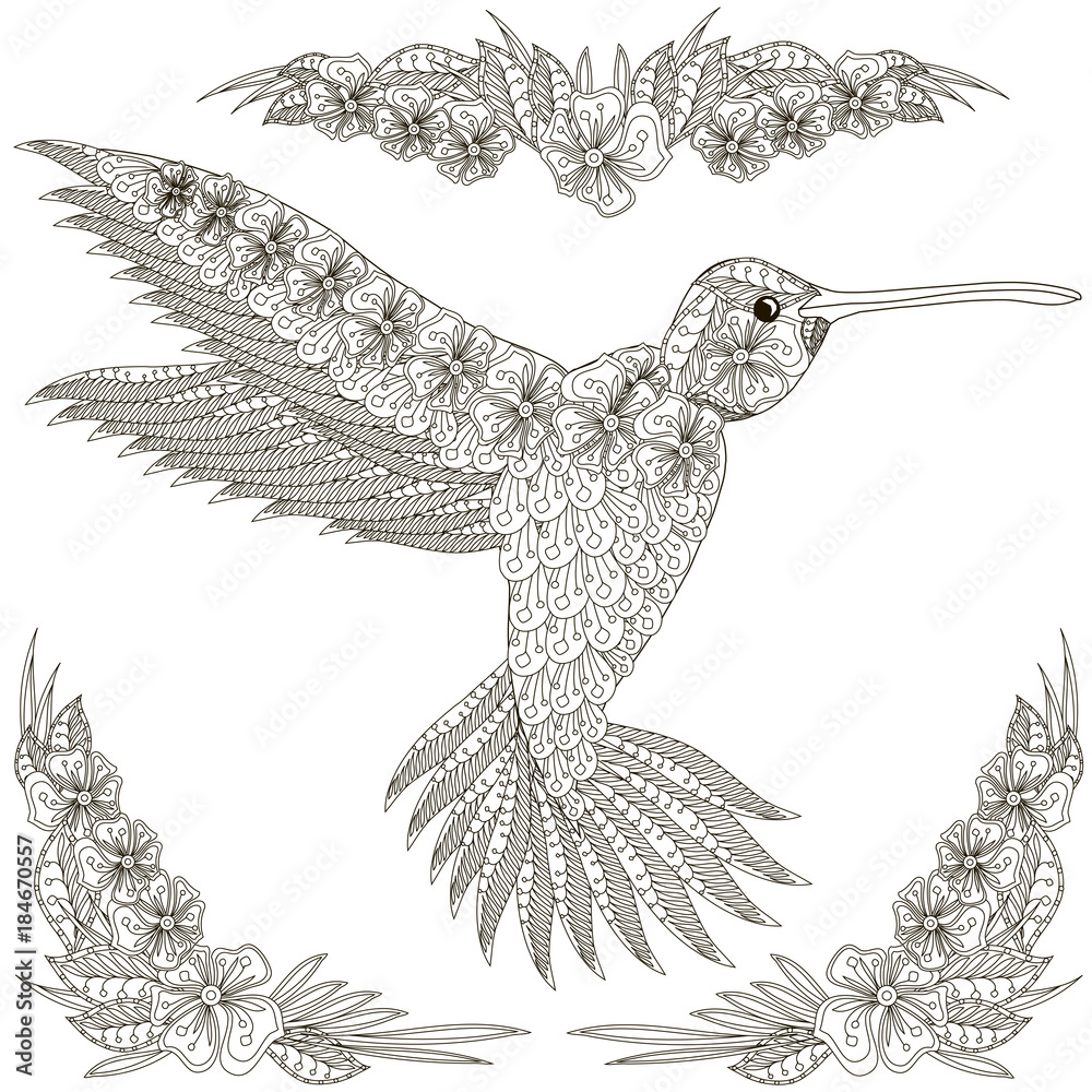 Monochrome zentangle style sketch of hummingbird vector illustration for antistress coloring page for print for tattoo vector