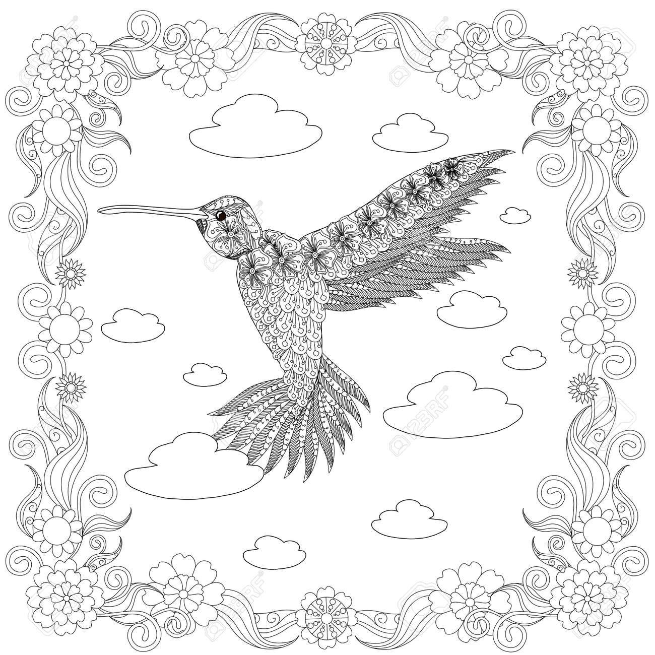 Zentangle style hummingbird in flower frame monochrome sketch coloring page antistress stock vector illustration for print for coloring page royalty free svg cliparts vectors and stock illustration image