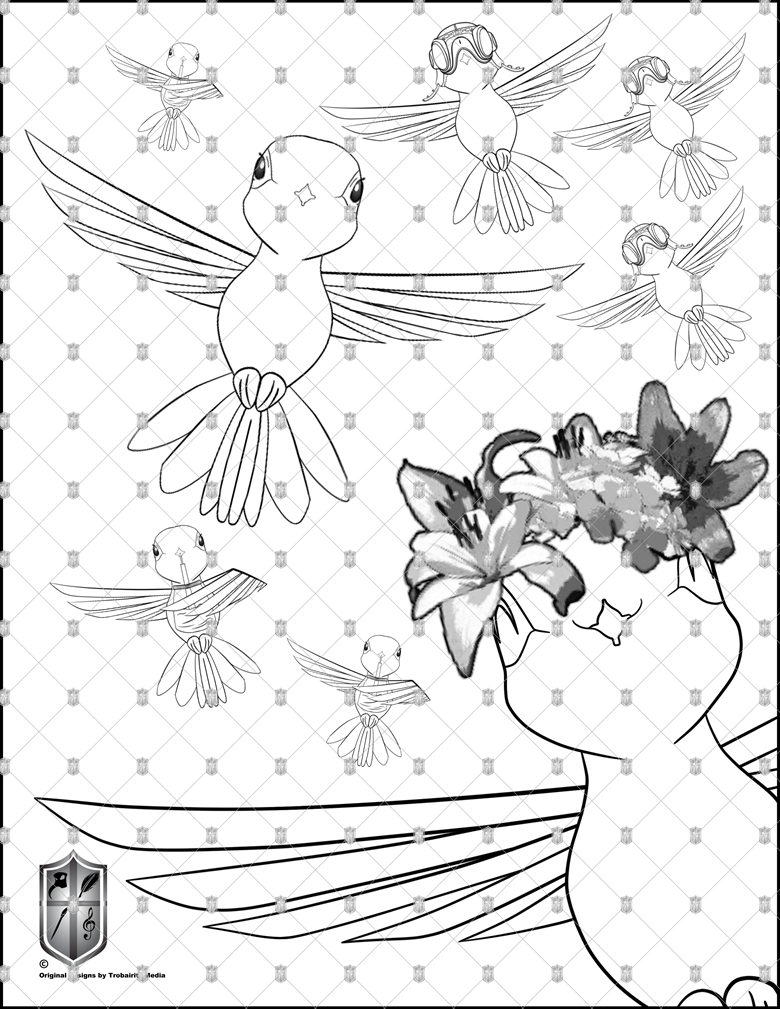 A hummingbird bouquet coloring page set