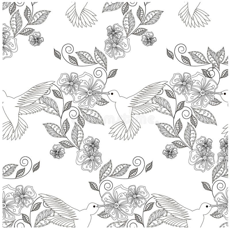 Monochrome hand drawn seamless floral pattern hummingbird for coloring page print tattoo stock vector